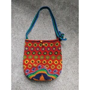 Guatemalan Crochet Bucket Bag Multicolor Geo Pattern Boho Festival Hippie Beaded